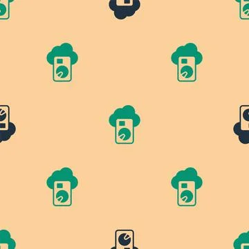 Green and black Cloud database icon isolated seamless pattern on beige イラスト素材