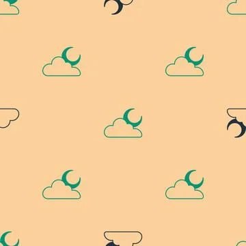 Green and black Cloud with moon icon isolated seamless pattern on beige Illustrazione stock