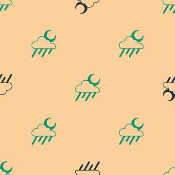 Green and black Cloud with rain and moon icon isolated seamless pattern on beige Illustrazione stock