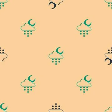 Green and black Cloud with rain and moon icon isolated seamless pattern on beige Stock Illustration