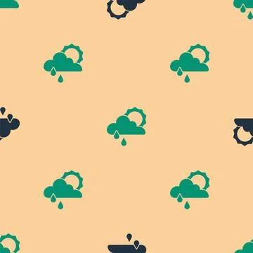 Green and black Cloud with rain and sun icon isolated seamless pattern on beige Stock Illustration