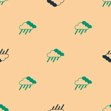Green and black Cloud with rain icon isolated seamless pattern on beige Stock Illustration