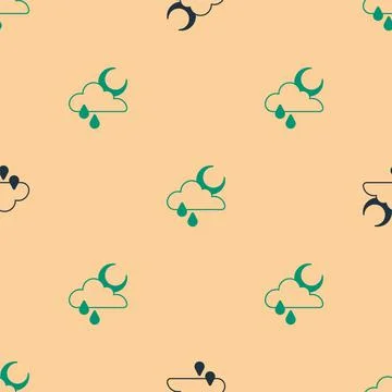 Green and black Cloud with rain and moon icon isolated seamless pattern on beige イラスト素材