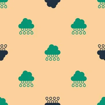 Green and black Cloud with rain icon isolated seamless pattern on beige Stock Illustration