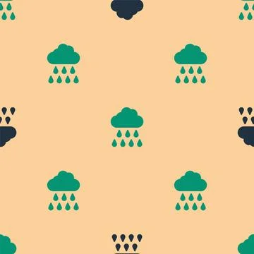 Green and black Cloud with rain icon isolated seamless pattern on beige Stock Illustration