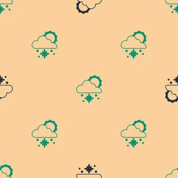 Green and black Cloud with snow and sun icon isolated seamless pattern on beige 스톡 일러스트
