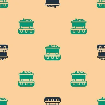Green and black Coal train wagon icon isolated seamless pattern on beige Stock Illustration