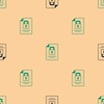 Green and black Document and lock icon isolated seamless pattern on beige Illustrazione stock