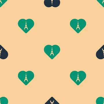 Green and black Eiffel tower with heart icon isolated seamless pattern on beige Illustrazione stock