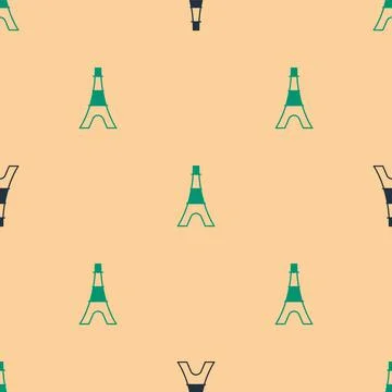 Green and black Eiffel tower icon isolated seamless pattern on beige background Stock Illustration