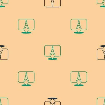 Green and black Eiffel tower icon isolated seamless pattern on beige background Stock Illustration
