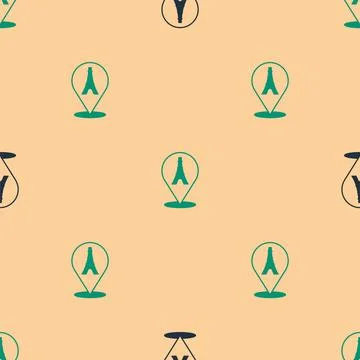 Green and black Eiffel tower icon isolated seamless pattern on beige background Stock Illustration