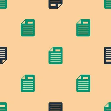 Green and black File document icon isolated seamless pattern on beige background Illustrazione stock