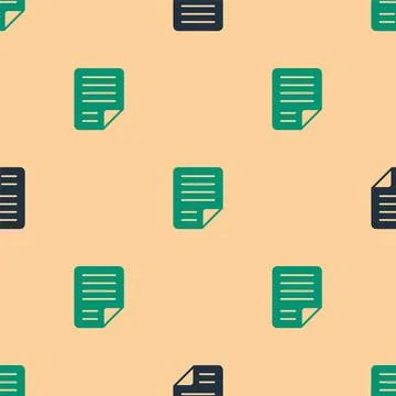Green and black File document icon isolated seamless pattern on beige background Illustrazione stock