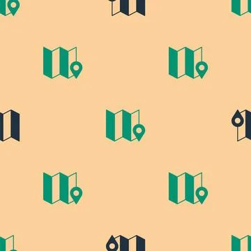Green and black Folded map with location marker icon isolated seamless pattern Illustrazione stock