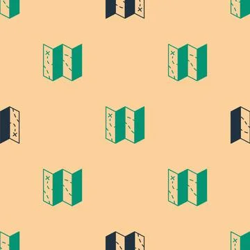 Green and black Folded map icon isolated seamless pattern on beige backgrou.. Stock Illustration