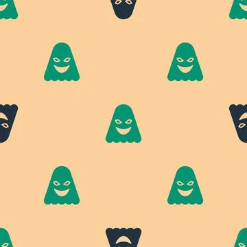 Green and black Ghost icon isolated seamless pattern on beige background.  Ve Illustrazione stock