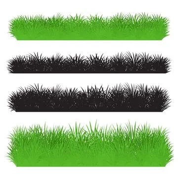 Green and black grass borders set. Set of silhouette of grass isolated Stock Illustration