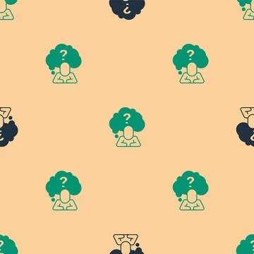 Green and black Human head with question mark icon isolated seamless pattern on Stock Illustration