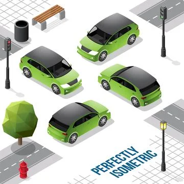 Green and Black Isometric Hatchback Car from Front Back Right and Left Stock Illustration