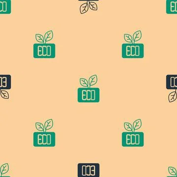 Green and black Leaf Eco symbol icon isolated seamless pattern on beige Illustrazione stock
