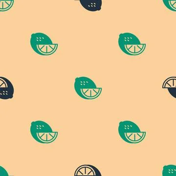 Green and black Lemon icon isolated seamless pattern on beige background. Vector Illustrazione stock