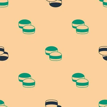 Green and black Macaron cookie icon isolated seamless pattern on beige backgr 스톡 일러스트