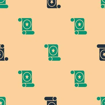 Green and black Magic scroll icon isolated seamless pattern on beige background Stock Illustration