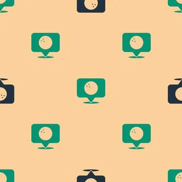 Green and black Map pointer with bowling ball icon isolated seamless pattern on Illustrazione stock