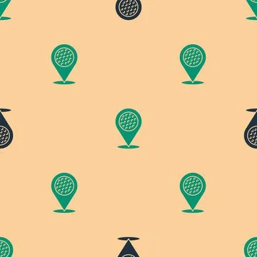 Green and black Map pointer with golf sport club icon isolated seamless pattern Stock Illustration