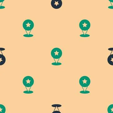 Green and black Map pointer with star icon isolated seamless pattern on beige Stock Illustration