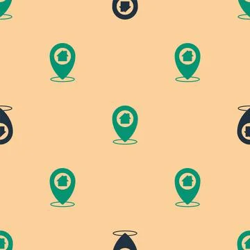 Green and black Map pointer with house icon isolated seamless pattern on beige 스톡 일러스트