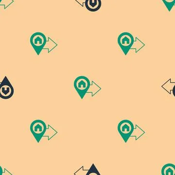 Green and black Map pointer with house icon isolated seamless pattern on beige 스톡 일러스트