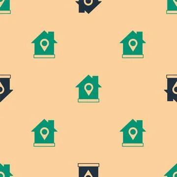 Green and black Map pointer with house icon isolated seamless pattern on beige Stock Illustration