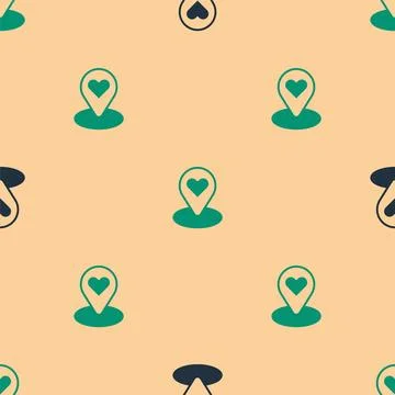 Green and black Map pointer with heart icon isolated seamless pattern on beige Stock Illustration