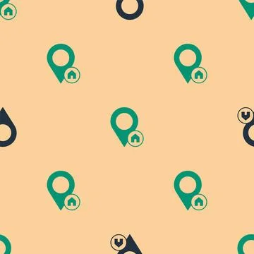 Green and black Map pointer with house icon isolated seamless pattern on be.. Stock Illustration
