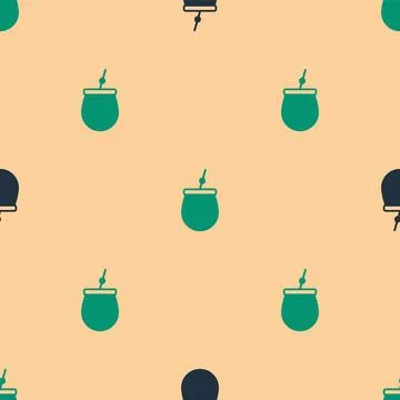 Green and black Mate tea icon isolated seamless pattern on beige background 스톡 일러스트