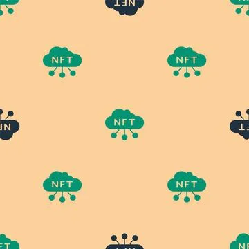 Green and black NFT cloud icon isolated seamless pattern on beige backgroun.. Stock Illustration