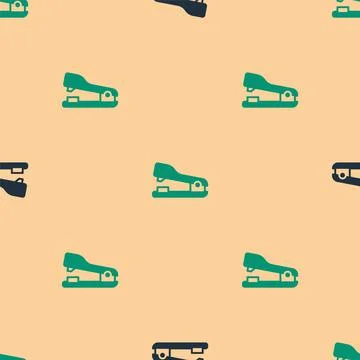 Green and black Office stapler icon isolated seamless pattern on beige Stock Illustration