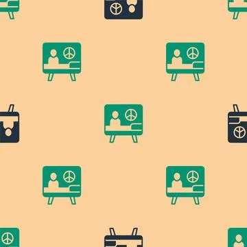 Green and black Peace icon isolated seamless pattern on beige background. Hippie イラスト素材