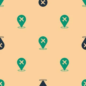 Green and black Plane icon isolated seamless pattern on beige background. Flying Illustrazione stock