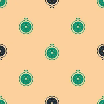 Green and black Pocket watch icon isolated seamless pattern on beige background Stock Illustration