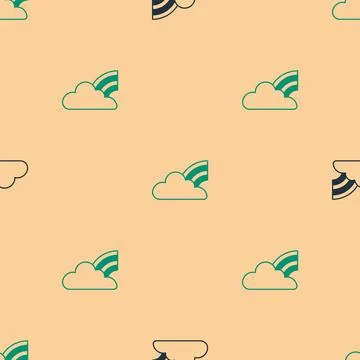 Green and black Rainbow with clouds icon isolated seamless pattern on beige b Illustrazione stock
