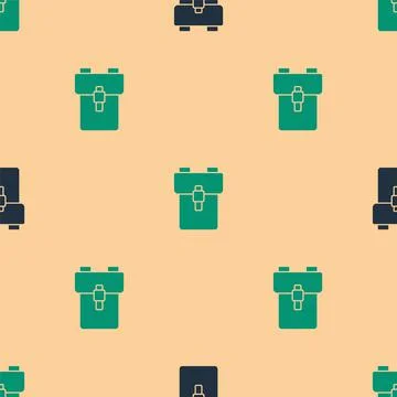 Green and black School backpack icon isolated seamless pattern on beige 스톡 일러스트