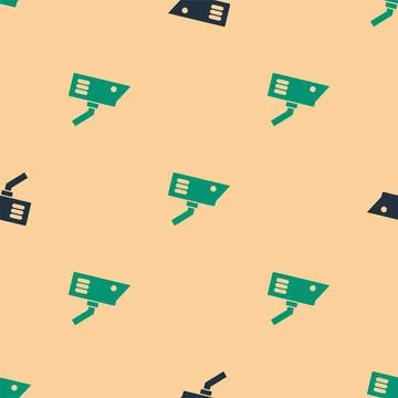 Green and black Security camera icon isolated seamless pattern on beige Stock Illustration
