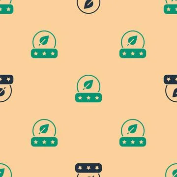 Green and black Tea leaf icon isolated seamless pattern on beige background. Tea Stock Illustration