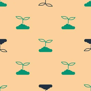 Green and black Tea leaf icon isolated seamless pattern on beige background. Tea Stock Illustration