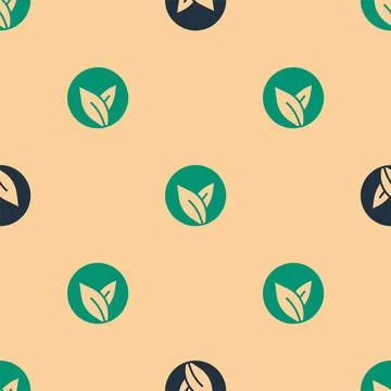 Green and black Tea leaf icon isolated seamless pattern on beige background. Tea Illustrazione stock