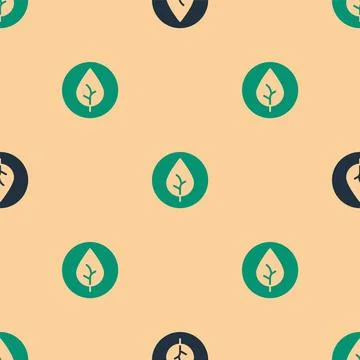 Green and black Tea leaf icon isolated seamless pattern on beige background. Tea Stock Illustration