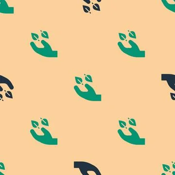 Green and black Tea leaf in hand icon isolated seamless pattern on beige Stock Illustration